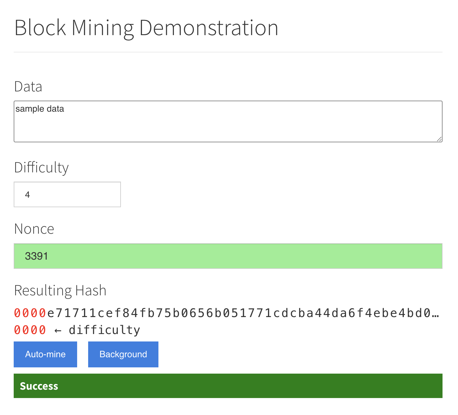 Screenshot of the block mining demo